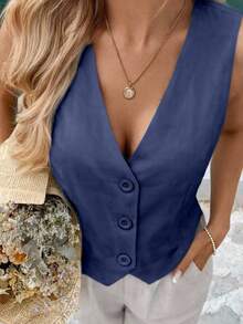 MICHELEE Elegant Women's Vest With V-Neck And Button Closure - Azul Marino - Ver 1