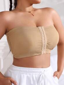 Plus Size Women's Strapless Bandeau Bra – Seamless Invisible Push-Up, Front-Closure Wireless Comfort, Back Mesh For Slimming & Support – 3-Row Hook, Ultra-Stretchy Off-Shoulder Solid Color Underwear - Khaki - View 6