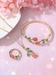 3件套女孩玫瑰花项链手链戒指首饰套装 - 彩色 - 查看 2