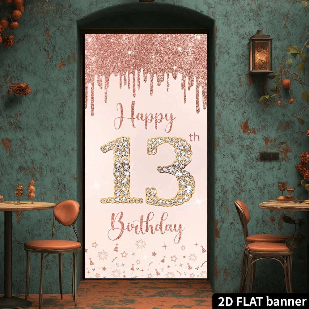 2D Flat Happy 13th Birthday Hanging Flag, Rose Gold Birthday Party Decor, Vertical Fabric Banner, Birthday Party Decorations