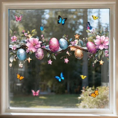 1/4 Set Spring Floral & Egg Window Stickers, Reusable PVC Static Cling Butterfly Decals For Shop Windows, Living Room, Bathroom Decor, Easter Gifts