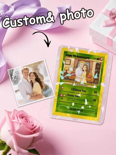 1pc Customized Anime-Style Photo Card, Personalized PVC Commemorative Card. Upload Your Photo And It Will Be Transformed Into A Cartoon Illustration. You Can Add Name, Message, And Special Details. A Unique Commemorative Gift For Couples, Family, And Pet Lovers.