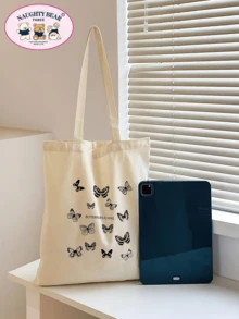 Bolsa de compras con estampado de mariposa y de letras, de moda para el Día de San Valentín - Beis - Ver 3