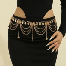 1pc Plus Size Bohemian Style Waist Chain With Coins & Tassels For Women Belly Dance Costume, European And American Style,Perfect For Events And Parties!Adjustable Coin Charm Waist Chain,Suitable For Party, Wedding, Spring/ Summer/Autumn/Winter Summer School Fall, Autumn, Halloween - 金色 - 查看 4