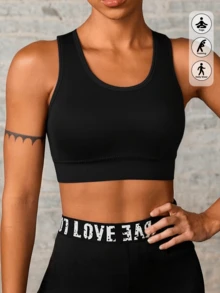 Sujetador deportivo sin costuras de alta intensidad con empalme de malla, alta elasticidad, absorción de impactos, sujetador de yoga transpirable con tirantes ajustables - Negro - Ver 4