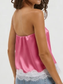 Women Satin Tube Tops Y2k Lace Trim Solid Color Strapless Bandeau Tops Loose Going Out Shirts Daily Casual Streetwear Stylish Club Party Concert Wear - 粉色 - 查看 2