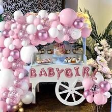 104个马卡龙粉色和白色乳胶气球套装，适用于生日和周年纪念派对，包含气球拱门和花环套装 - 彩色 - 查看 4