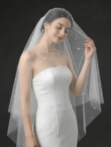 1 pieza Velo de novia estilo catedral con perlas, adecuado para bodas, fotografía, accesorios de fiesta, accesorios de oficina de registro con peine, ropa de otoño para mujeres - V130 - Ver 6