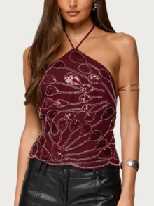 Women's Y2k Beaded Sequin Halter Tank Tops Sleeveless Back Tie Up Slim Fitted Backless Crop Vest Going Out Streetwear Party Concert Tops Clubwear - Màu Đỏ Sâu - Xem 5