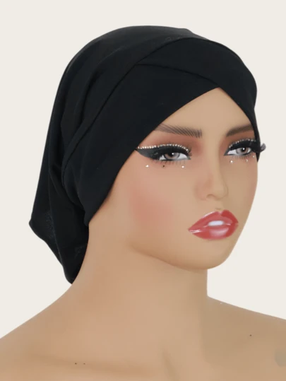 1 pieza Pañuelo de cabeza con diseño cruzado de moda para mujer, material de lino elástico con cristales, envolvente de cabeza conveniente