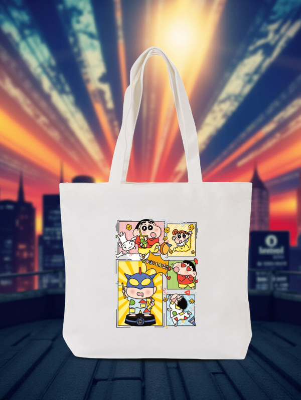 CRAYON SHINCHAN 1pc SHINCHAN And Friends Tote Bag - Colorful Cartoon Design, Spacious No-Closure Closure Shoulder Bag, Suitable For Unisex, Durable With Reinforced Edges, Ideal For Shopping, Travel And Daily Use, Sturdy Handles