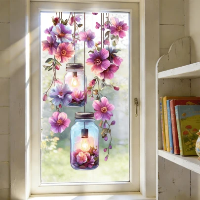 1/5 pièces Film de fenêtre en verre statique avec motif vintage de lanterne florale rose. Adhésif amovible pour salon, chambre, porte vitrée. Décoration de maison anti-UV et intimité. Esthétique printanière et estivale