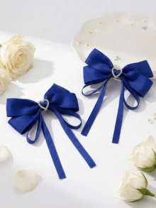 2 Pcs Royal Blue Hair Bows Clips For Women Girls, Large Grosgrain Ribbon Long Tail Bowknots With Sparkly Rhinestone Heart, Aesthetic Hair Accessories For Ponytail, Daily School Party Fashionable On Casual Outings., Claw Clips, Hair Slide, Hair Barrettes - Blue - View 3