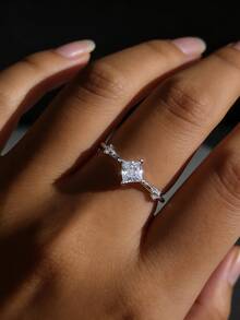 1pc S925 Sterling Silver Geometric Square Synthetic Cubic Zirconia Engagement/Proposal Ring, Suitable For Women's Daily Wear, Holidays And Anniversaries - Silver - View 2