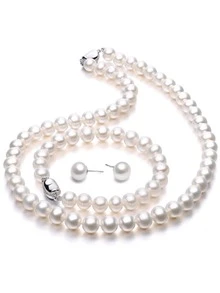 4pcs Pearl Beaded Jewelry Set, Fashionable Minimalist 925 Silver Ingot Clasp 8mm, 10mm Pearl Necklace, Bracelet, Earrings, Lightweight Luxury Versatile Jewelry Set, Suitable For Girls/Women, Mother's Day/Valentine's Day Gift (Pearl Quantity Random), Comes In Small Black Gift Box - Silver - View 3