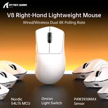 ATTACK SHARK Mouse Gamer Ultraleve Sem Fio ATTACKSHARK V8 com Polling de 8K, 42000 DPI, Chip MCU Nordic 54L15, Sensor PixArt 3950 Max - Com Fio/BT/2.4Ghz, Bateria de Longa Duração de 400 Horas, Programável para Jogos de FPS no PC - Fita Branca/Preta - Multicolorido - Ver 4