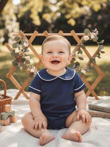 Baby Boy Girl Bubble Romper Infant Short Sleeve Collar Romper Oversize T-Shirt Cotton Bodysuit Top - 綠色 - 查看 2