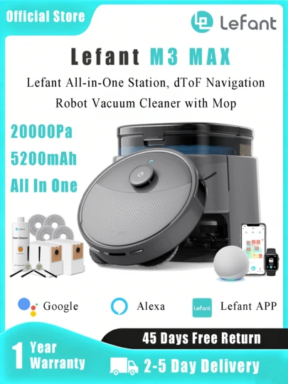  Lefant M3 Max Robot Vacuum Cleaner With Mop, All-In-One Self-Emptying Station, 20,000Pa Strong Suction, Dual-Spin Mops, DToF Laser Navigation, Auto Mop Wash & Drying, WiFi/Alexa Control, Ideal For Cleaning Hard Floors In Kitchens And Living Rooms, Grey