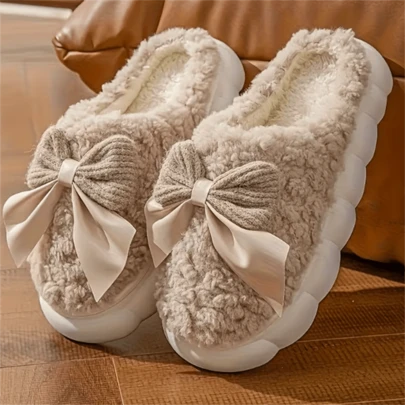 2双装女士加厚绒毛可爱蝴蝶结棉质拖鞋，保暖舒适，适合产后室内穿着，加厚绒毛拖鞋