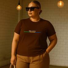 Women's Plus Size Printed T-Shirt Brazil Cup Brazilian Championship 100% Premium Cotton Summer Gym Workout Blouse Brazilian Shirt - 鏽棕色 - 查看 4