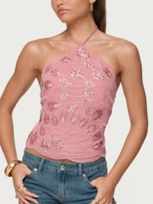 Women's Y2k Beaded Sequin Halter Tank Tops Sleeveless Back Tie Up Slim Fitted Backless Crop Vest Going Out Streetwear Party Concert Tops Clubwear - 粉色 - 查看 4
