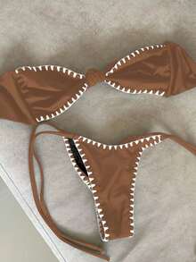 Bộ bikini gợi cảm cho nữ mùa hè mới, kiểu dáng thanh lịch, phối màu tương phản, viền ren, hở lưng, thích hợp cho kỳ nghỉ biển hoặc hẹn hò. - Lạc đà - Xem 1
