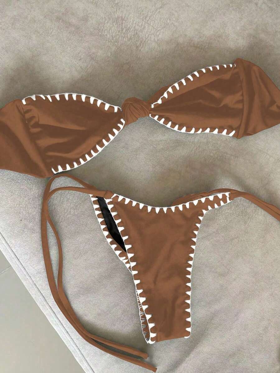 Bộ bikini gợi cảm cho nữ mùa hè mới, kiểu dáng thanh lịch, phối màu tương phản, viền ren, hở lưng, thích hợp cho kỳ nghỉ biển hoặc hẹn hò. - Lạc đà - Xem 1