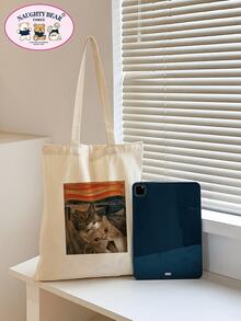 卡通貓樣式單肩托特包休閒雙把手 - 米色 - 查看 5