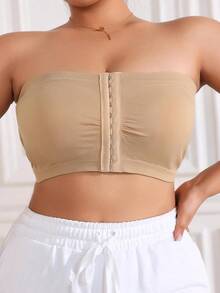 Plus Size Women's Strapless Bandeau Bra – Seamless Invisible Push-Up, Front-Closure Wireless Comfort, Back Mesh For Slimming & Support – 3-Row Hook, Ultra-Stretchy Off-Shoulder Solid Color Underwear - Khaki - View 5