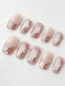 10片纯手工制作的方形美甲贴片，短款或中长款可选，粉白猫眼图案，带花朵装饰，可爱百搭，Y2K风格，温柔亲肤，适合女性和女孩，春夏秋冬皆宜，节日及日常佩戴。 - 粉色 - 查看 14