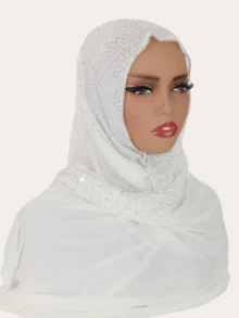 1pc Women's Striped Knit Elastic Fabric Diamond Crafted Viscose Maxi Scarf, Malaysian Hijab Fashion Headscarf - Chain-studded Long Scarf - View 13