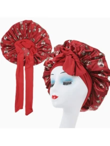 新款时尚印花缎带睡帽，护发帽，缎面圆帽，带蝴蝶结的头饰 - 粉色 - 查看 3