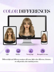 层次感假发，带刘海，耐热纤维合成发，齐肩长度，中分卷发，混色水波纹假发，适合女性日常、派对或角色扮演使用。