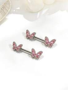 2pcs Sexy Pink Zirconia Heart, Butterfly, Flower Barbell Nipple Rings Stainless Steel Piercing Jewelry - Pink - View 7