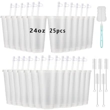 KAFUFU 25 Pcs Reusable Cups With Lids And Straws 24 Oz Glitter Iced Coffee Tumbler Plastic Travel Mug Cup For Smoothie Juices Birthday Sleepover Party Supplies For Girls - 25pc Light White - 查看 11