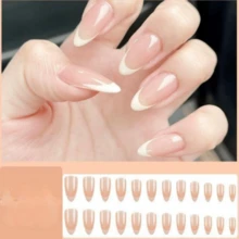 24pcs French Short Oval-Shaped False Nails And Designed White French Nail Tips False Nails With Lustrous Full-Coverage Nail Jelly Glue. Cute Artificial Nail Art For Women, Suitable For Daily Wear And Holiday Gatherings - 彩色 - 查看 11