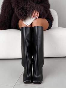 Luxury Fashion Women's Knee High Long Boots Wide Calf Stiletto Kitten Heel Square Toe Tall Boots Winter Fall Boots For Women - 黑色pu - 查看 4