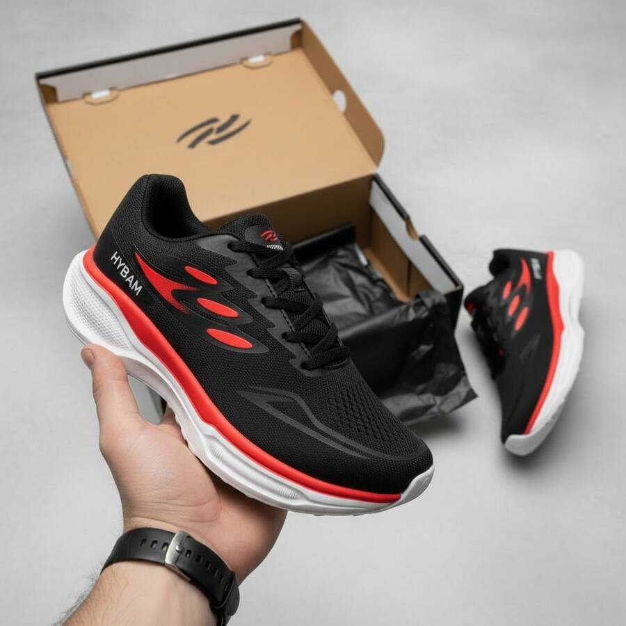 Tênis Masculino Academia Corrida Caminhada HYBAM - Leve com Solado Amortecido Confortável para o Dia a Dia - Preto / Vermelho - Visão 1