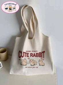 1pc Beige Canvas Tote Bag For Women With Cute Rabbit & English Letter Print, Great For Shopping - Beige - View 3