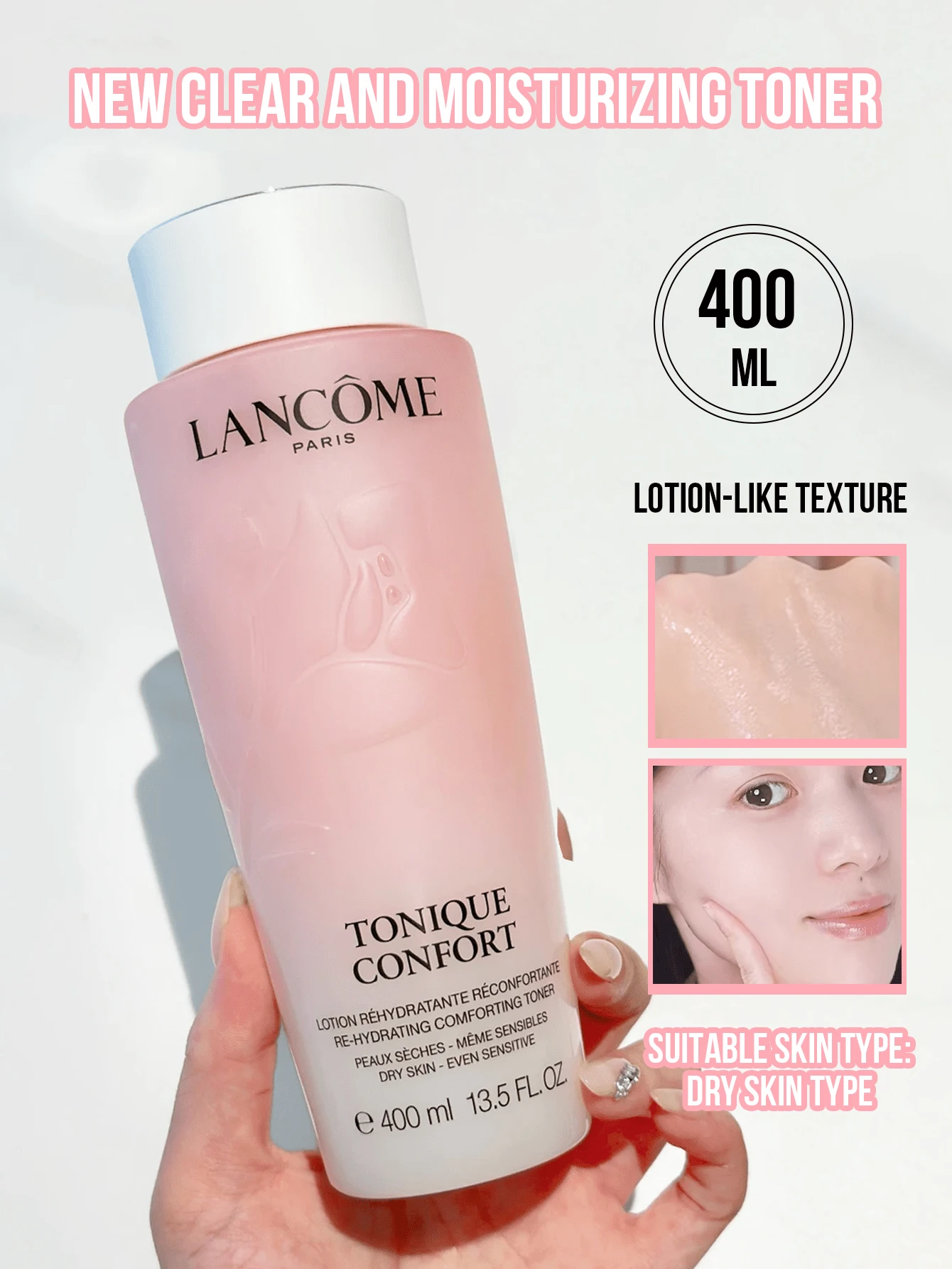 Lancôme 兰蔻舒缓保湿爽肤水，有400毫升、125毫升和50毫升旅行装可选，升级配方温和补水，深层滋养干燥肌肤，舒缓肌肤刺激和敏感，强化肌肤屏障，轻盈乳状质地快速吸收，适合日常使用、办公和旅行携带，是高端保湿舒缓护肤的理想之选。