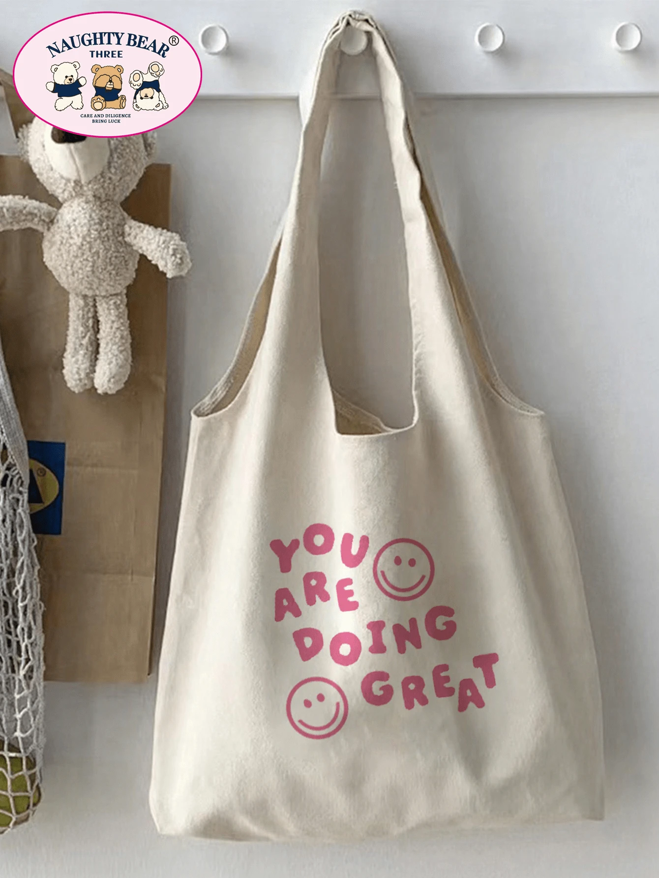 1 chiếc túi vải tote dành cho nữ có in hình mặt và chữ, hoàn hảo để mua sắm, nhẹ, di động, sức chứa lớn, phù hợp cho nữ sinh trung học, sinh viên đại học, hoàn hảo cho ngày tựu trường, đại học, trung học cơ sở, trung học phổ thông - Màu be - Xem 1