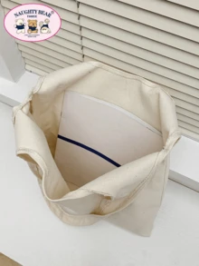 1 chiếc túi vải tote dành cho nữ có in hình mặt và chữ, hoàn hảo để mua sắm, nhẹ, di động, sức chứa lớn, phù hợp cho nữ sinh trung học, sinh viên đại học, hoàn hảo cho ngày tựu trường, đại học, trung học cơ sở, trung học phổ thông - Màu be - Xem 4