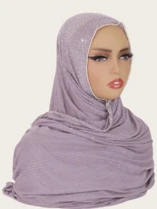 1pc Women's Striped Knit Elastic Fabric Diamond Crafted Viscose Maxi Scarf, Malaysian Hijab Fashion Headscarf - Chain-studded Long Scarf - View 8
