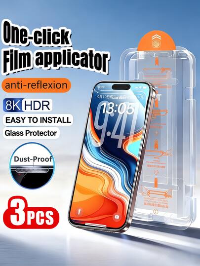 3 piezas de protección de pantalla de cristal templado HD plano y transparente compatible con iPhone 17 PRO, 16 PLUS, 15, 14, 13, 12, 11 PROMAX, XR, XS, X. Incluye kit de instalación sin polvo, cobertura compatible, resistente a golpes, dureza 9H, sin borde blanco y compatible con Face ID