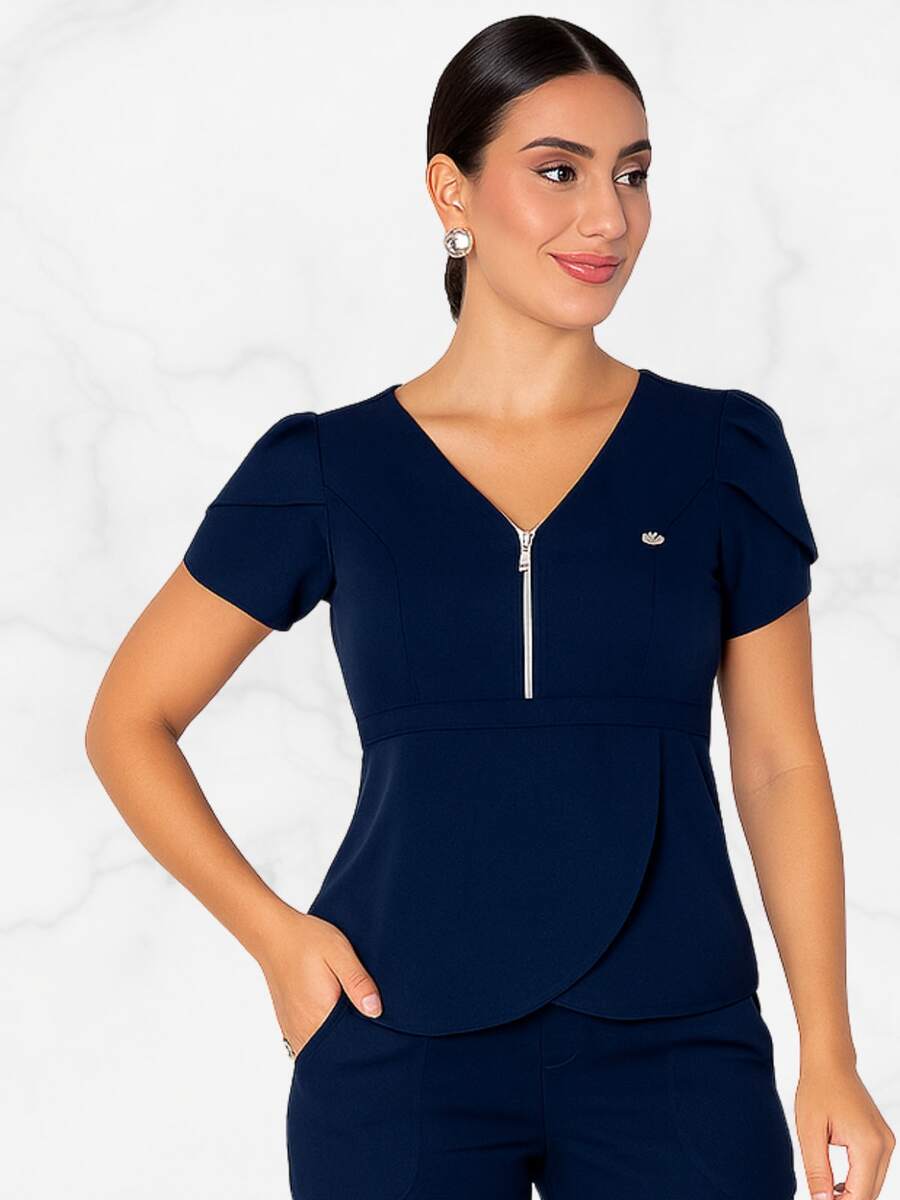 Women's Wrap-Style Scrub Blouse With Zipper And Elastane, Suitable For Casual Everyday Secretary Uniforms - Navy Blue - View 1