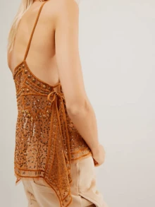 Women's Y2K Sparkly Sequin Tank Top Beaded Sheer Mesh Cami V Neck Party Rave Top - 薑黃 - 查看 3