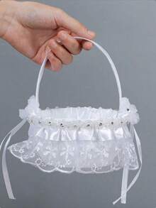 1pc White Flower Girl Basket, Suitable For Wedding Occasions