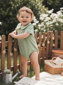 Newborn Baby Girl Boy Clothes Summer Short Sleeve Doll Collar Romper One Piece Bodysuit Shirts 0 3 6 12 18 Months - 綠色 - 查看 3