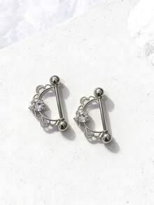 2pcs Elegant Sparkling Cubic Zirconia Heart, Flower, Butterfly, Moon Hoop Earrings, Stainless Steel Barbell Nipple Rings Body Piercing Jewelry - Silver - View 13