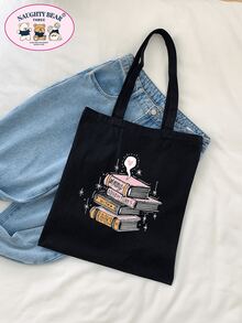 卡通书印花时尚帆布手提包书包，容量大，轻便，便携，适合少女、女大学生，非常适合返校、大学、初中、高中 - 黑色 - 查看 2